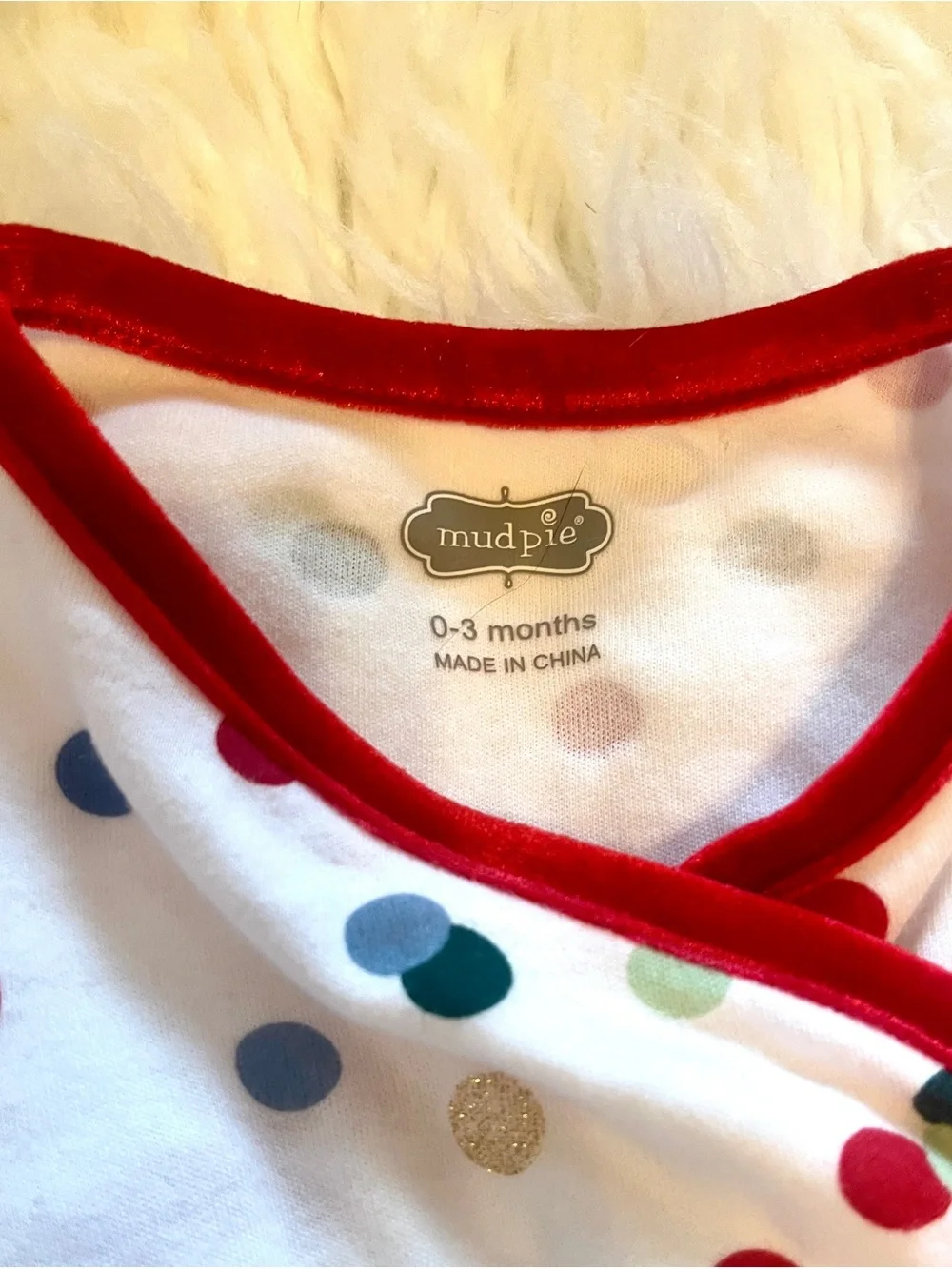 Mud Pie Holiday White Baby Gown with Multicolor Dots and Red Velvet Bow